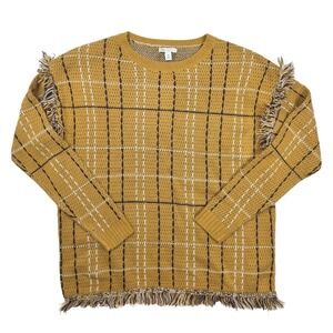 CATO Mustard Yellow Plaid Bohemian Fringe Pullover Vintage Sweater Womens Size M